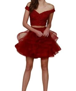 Nox Anabel - A613 Off Shoulder Crop Top Ruffled Skirt Party Dress Cocktail Dresses