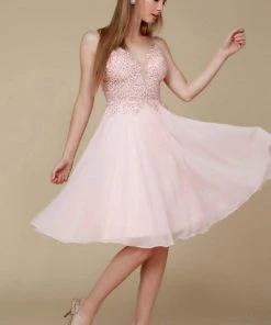 Cocktail Dresses Nox Anabel - A660 Beaded Lace V-neck A-line Dress