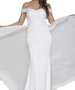 Nox Anabel - E014 Embellished Off-Shoulder Sheath Dress Formal Gowns