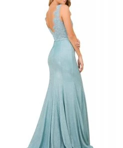 Nox Anabel - E373 Embroidered Scalloped V-neck Trumpet Dress Formal Gowns