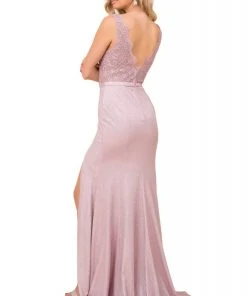 Nox Anabel - E373 Embroidered Scalloped V-neck Trumpet Dress Formal Gowns