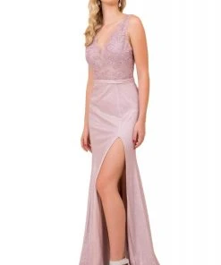 Nox Anabel - E373 Embroidered Scalloped V-neck Trumpet Dress Formal Gowns