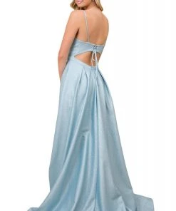 Nox Anabel - E379 Illusion Deep V Neck Glitter Knit Ballgown Formal Gowns