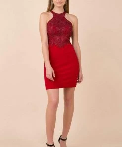Nox Anabel - E697 Beaded Halter Sheath Cocktail Dress