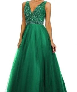 Nox Anabel - Embellished V-Neck Evening Gown 8219 - 1 Pc Green In Size L Available