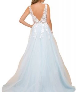 Nox Anabel - F339 Floral Appliqued Illusion Bodice A-Line Tulle Gown Formal Gowns