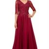Nox Anabel - H537 Beaded Quarter Sleeve Chiffon A-Line Dress