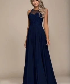 Nox Anabel Jeweled Lace Bodice Chiffon A-Line Evening Dress - 1 Pc Navy Blue In Size L Available Formal Gowns