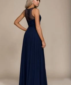 Nox Anabel Jeweled Lace Bodice Chiffon A-Line Evening Dress - 1 Pc Navy Blue In Size L Available Formal Gowns