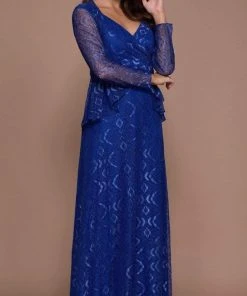 Nox Anabel - Lace V-Neck A-Line Dress 5140 - 1 Pc Royal Blue In Size XL Available Formal Gowns