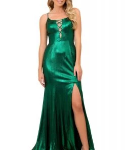 Formal Gowns Nox Anabel - M413 Crisscross Plunge Metallic High Slit Gown