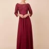 Nox Anabel - M520 Lace Quarter Length Sleeve Bateau A-line Dress Formal Gowns