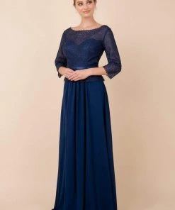 Nox Anabel - M520 Lace Quarter Length Sleeve Bateau A-line Dress Formal Gowns