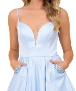 Nox Anabel - N308 Sleeveless Satin A-Line Dress With Beaded Pockets