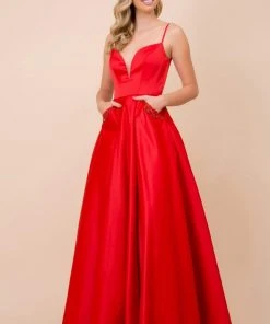 Nox Anabel - N308 Sleeveless Satin A-Line Dress With Beaded Pockets
