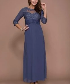 Nox Anabel - Quarter Length Sleeves Empire Long Dress 5101 - 1 Pc Steel In Size L Available Formal Gowns