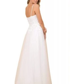 Nox Anabel - R346 Plunging V-Neck Floral Appliqued Bridal Gown