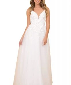 Nox Anabel - R346 Plunging V-Neck Floral Appliqued Bridal Gown