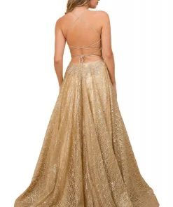 Nox Anabel - R349 Metallic Lace Appliqued Lace Up Back Long Gown
