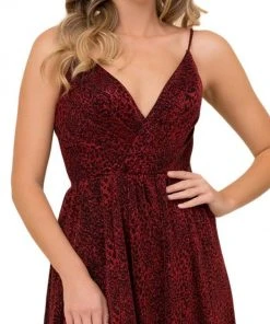 Formal Gowns Nox Anabel - R356 V Neck Animal Printed High Slit A-Line Evening Gown