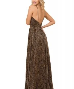 Formal Gowns Nox Anabel - R356 V Neck Animal Printed High Slit A-Line Evening Gown