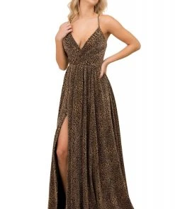 Formal Gowns Nox Anabel - R356 V Neck Animal Printed High Slit A-Line Evening Gown