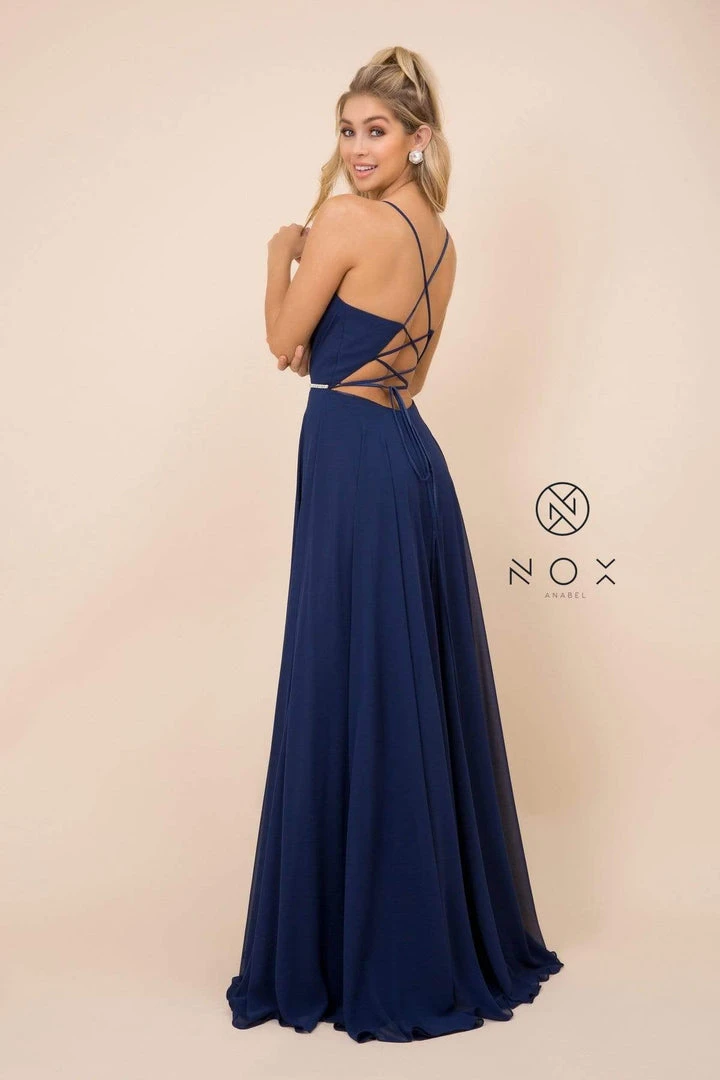 Nox Anabel - R416 Lace-up Open Back Beaded Waist A-Line Prom Dress 10 Nox Anabel - R416 Lace-up Open Back Beaded Waist A-Line Prom Dress