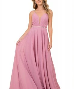 Nox Anabel - R416 Lace-up Open Back Beaded Waist A-Line Prom Dress