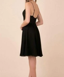 Nox Anabel - Spaghetti Strap Beaded Lace A-line Dress A660 - 1 Pc Black In Size 2XL Available