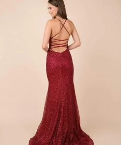 Nox Anabel - Strappy Plunging V-neck Evening Gown - 1 Pc Burgundy In Size S Available Formal Gowns