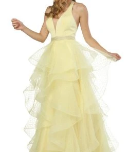 Nox Anabel - T256 Plunging Halter Dotted Lace Tiered Gown Formal Gowns