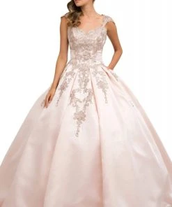 Nox Anabel - U801 Cap Sleeve Lace Appliqued Cutout Ballgown Formal Gowns