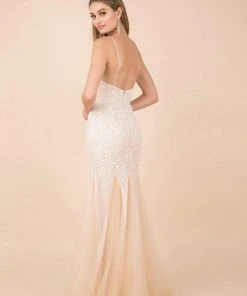 Formal Gowns Nox Anabel - W903 Lace Embroidered Deep V-neck Trumpet Gown