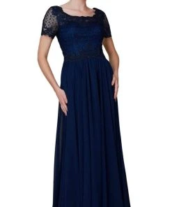 Nox Anabel - Y514 Lace Applique Short Sleeve Top Chiffon Dress