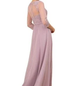 Formal Gowns Nox Anabel - Y532 Appliqued Illusion V-Neck Chiffon Dress