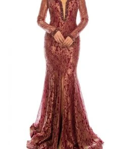 Formal Gowns Odrella - 1080 Bejeweled Plunging Off Shoulder Metallic Lace Gown