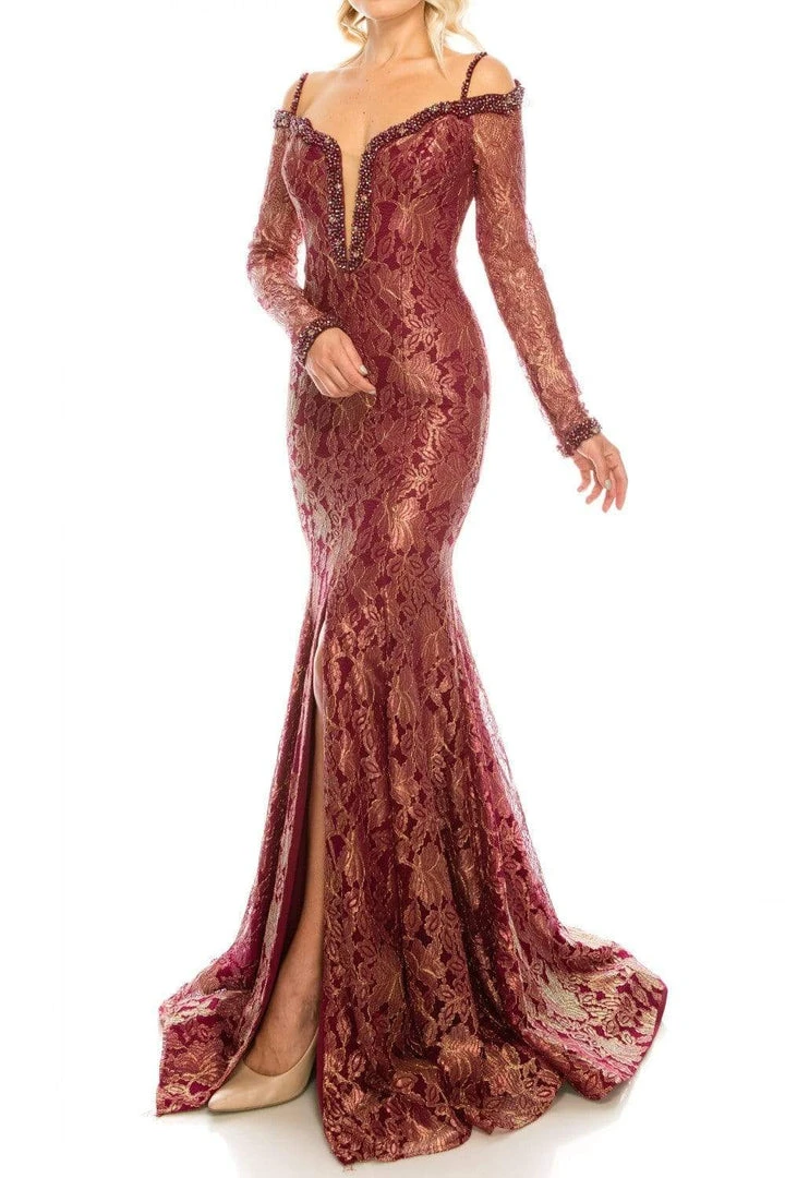 Formal Gowns Odrella - 1080 Bejeweled Plunging Off Shoulder Metallic Lace Gown 6 Formal Gowns Odrella - 1080 Bejeweled Plunging Off Shoulder Metallic Lace Gown