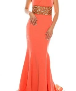 Odrella - 1565 Sleeveless V-Neck Ornate Empire Waist Trumpet Gown Formal Gowns