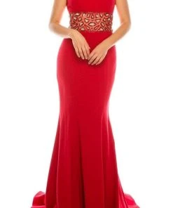Odrella - 1565 Sleeveless V-Neck Ornate Empire Waist Trumpet Gown Formal Gowns