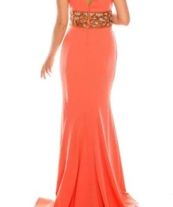 Odrella - 1565 Sleeveless V-Neck Ornate Empire Waist Trumpet Gown Formal Gowns