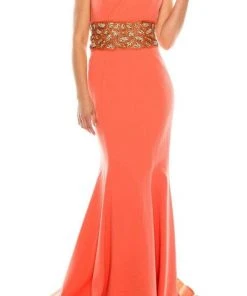 Odrella - 1565 Sleeveless V-Neck Ornate Empire Waist Trumpet Gown Formal Gowns