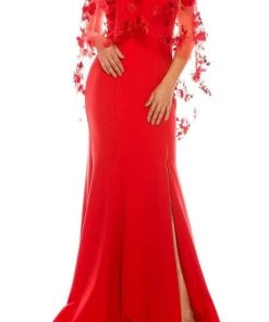 Formal Gowns Odrella - 7Y1037 Off-Shoulder Trumpet Gown With Embroidered Mesh Cape