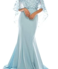 Formal Gowns Odrella - 7Y1037 Off-Shoulder Trumpet Gown With Embroidered Mesh Cape