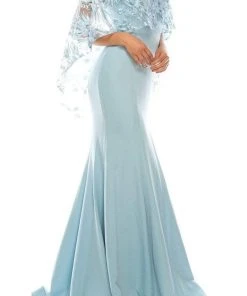 Formal Gowns Odrella - 7Y1037 Off-Shoulder Trumpet Gown With Embroidered Mesh Cape
