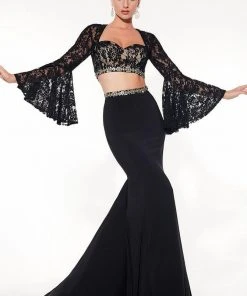 Panoply - 14844 Two-Piece Sultry Bell Sleeved Lace Trumpet Gown Formal Gowns