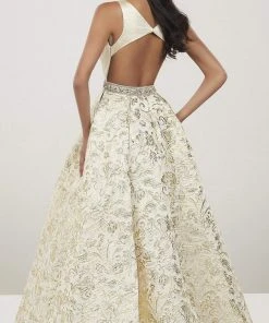 Formal Gowns Panoply - 14931 Deep V-neck Brocade Pleated A-line Dress