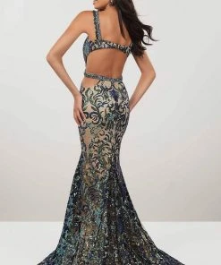 Panoply - 14939 Sequined Deep V-neck Mermaid Dress With Train Formal Gowns