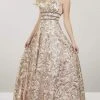 Panoply - Plunging V-Neck Embroidered Lace A-Line Gown 14918 - 1 Pc Blush/Gold In Size 2 Available Formal Gowns