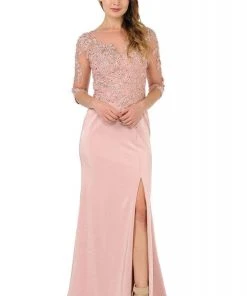 Poly USA - 7584 Quarter Sleeve Embroidered Illusion Trumpet Dress Formal Gowns