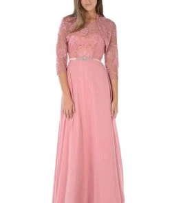 Poly USA - 7772 Floral Lace A-Line Dress With Bolero Jacket Formal Gowns